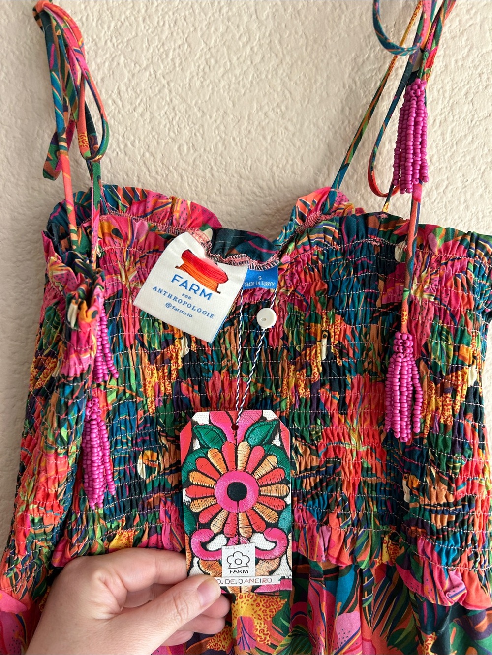 Anthropologie farm rio cover up- midi dressMulticolor Beaded Tropical Print 
S